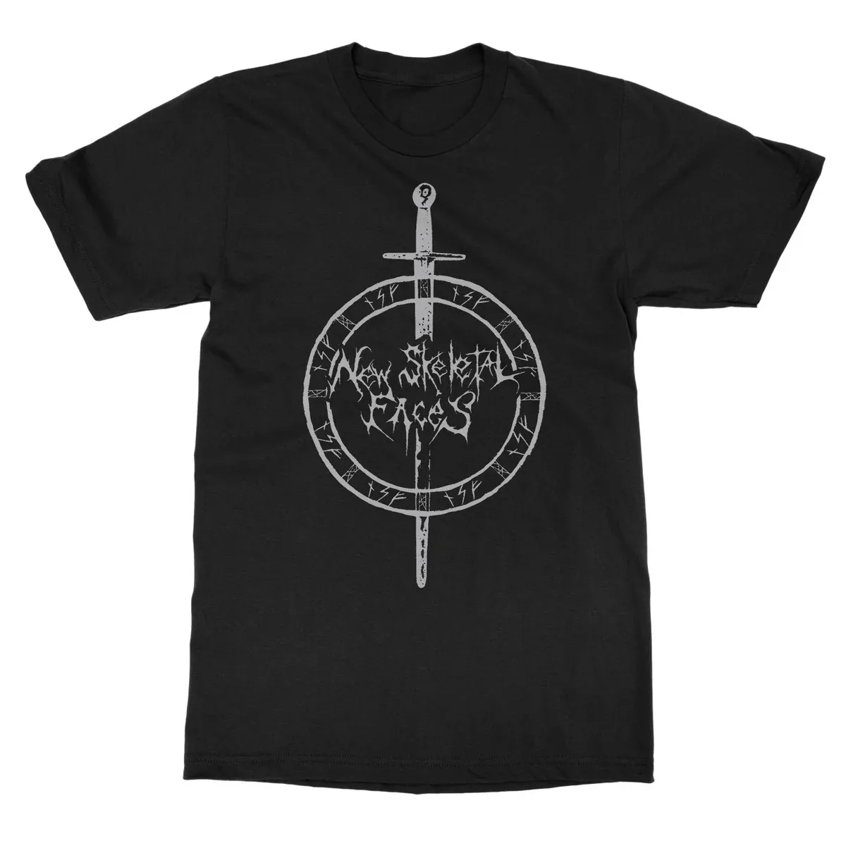Antique Medieval Sword Runic Circle Occult Dark Metal Artwork Print Unisex T‑shirt, New Skeletal Faces Heavy Metal Music Fashion