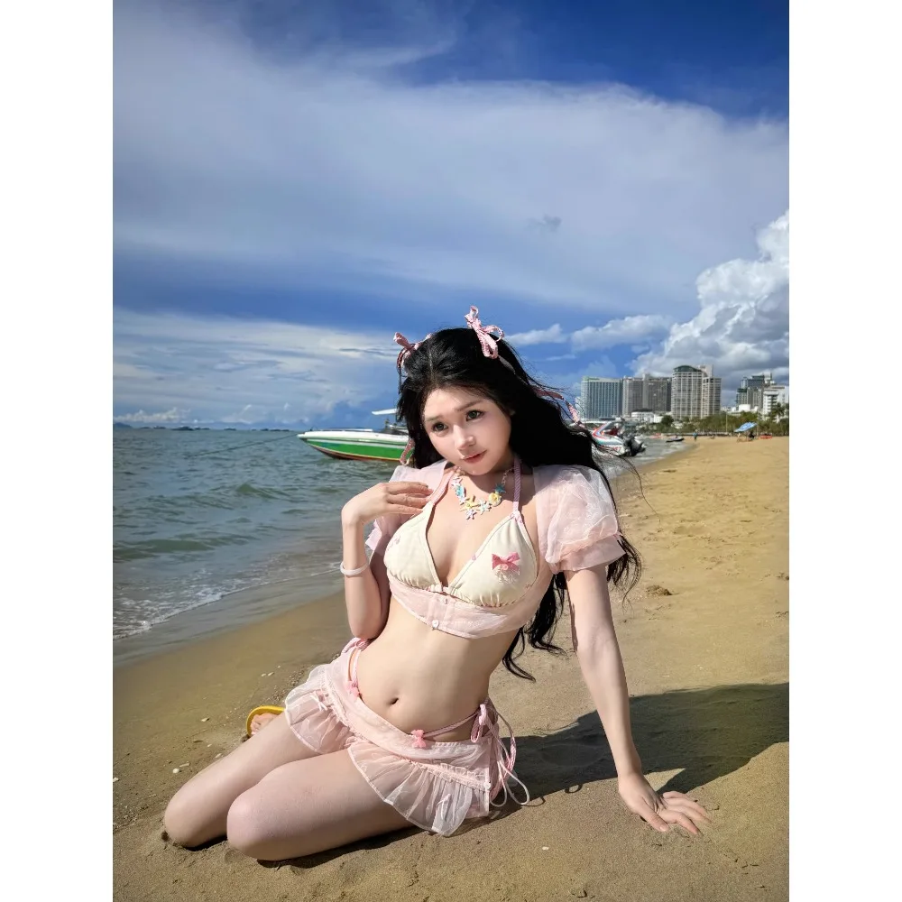 Anime Student Meisje Roze Bikini Sets Kawaii Lolita Top Rok Set Elegante Zoete Boog Plooirok Pak Cosplay Kostuum Nieuw