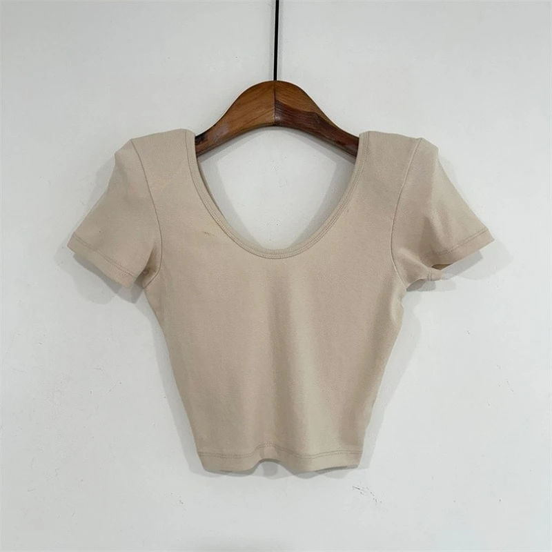 Korean Women 2026 Summer Sports Casual Crop Top Double U-Neck Short Sleeve Shoulder Pad T-shirt Solid Slim Simple Versatile Tees