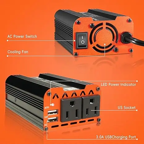 Auto 300W Omvormer DC 12V naar 110V AC Auto Vrachtwagen RV Omvormer Snoer 23,62 Inch 4,8A Dual USB Auto Adapter (Type C Adapters Inclu