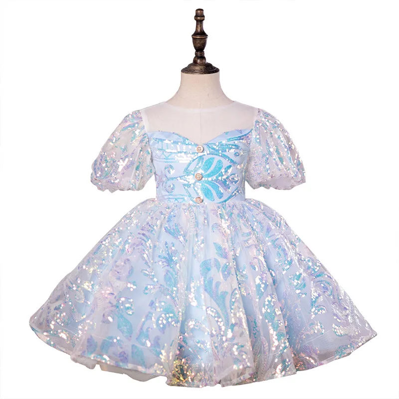 Customized Sequined Ball Gown Flower Girl Dresses O-Neck Puff Sleeve Bow Girl Birthday Gowns Temperament Elegant Junior Bridesma