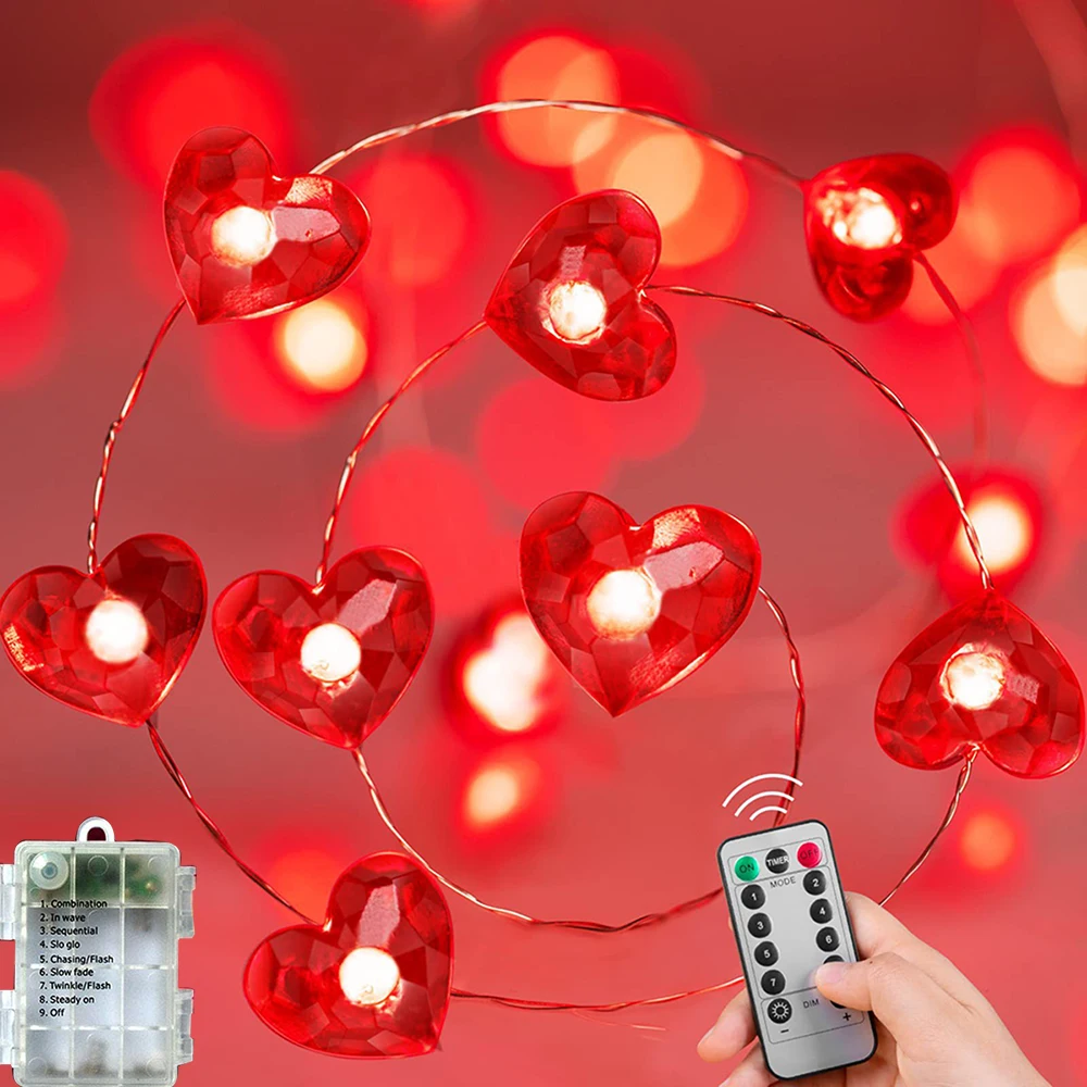 

3M 30 LED Valentines Red Heart Shaped Night Lights String Led Light Love Decor Light Remote Holiday Party Fairy Wedding Lighting