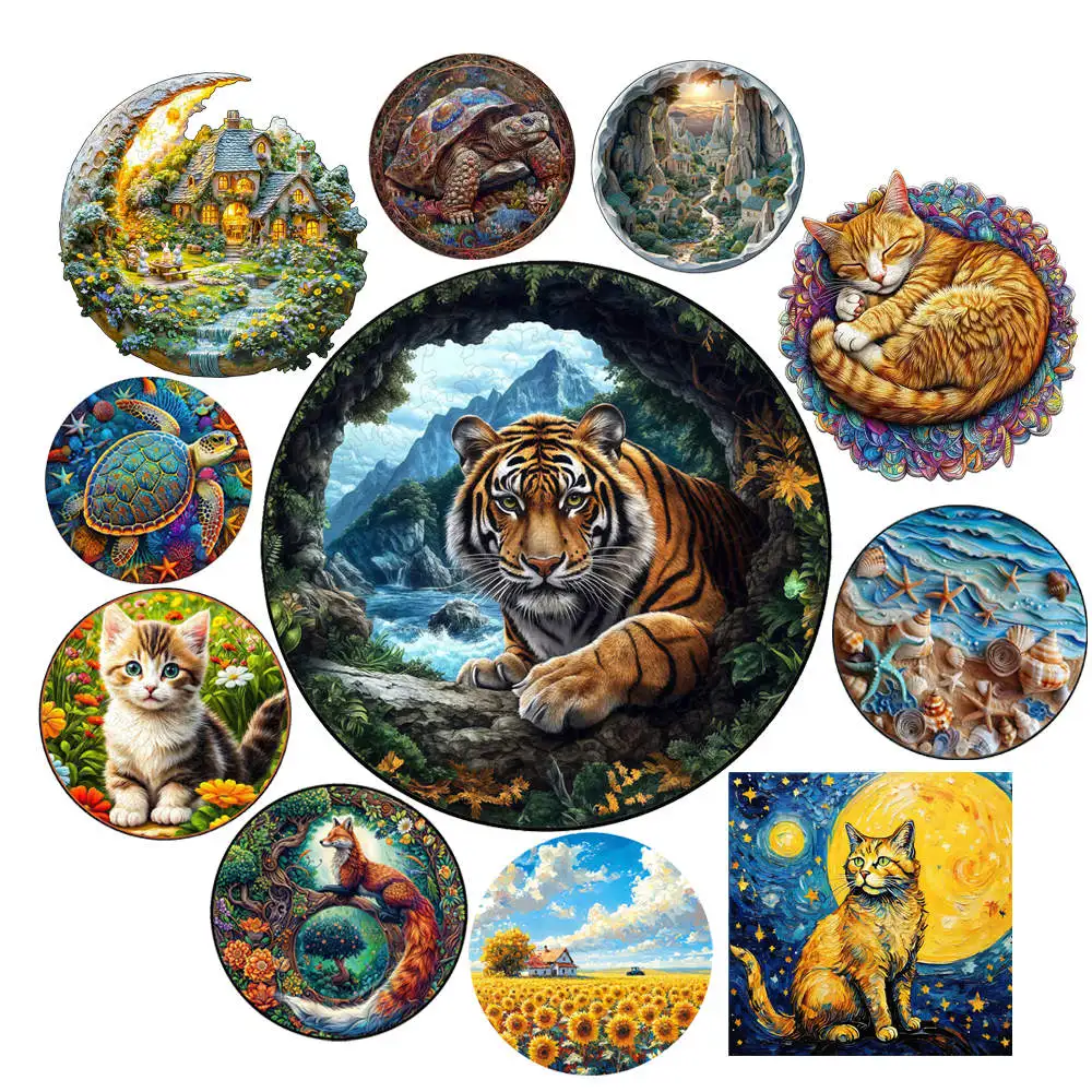 Schönes Tiger-Hund-Schildkröten-Holzpuzzle für Erwachsene und Kinder Einzigartiges Rundes Holztier-Puzzle Intelligentes DIY-Spielzeug Urlaubsgeschenke