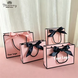 50/100pcs Custom Logo Gift Bag Boxes ,Paper Commodity Bags Large Size Gold Present Bag For Pajamas Clothes Packaging Eith Handle