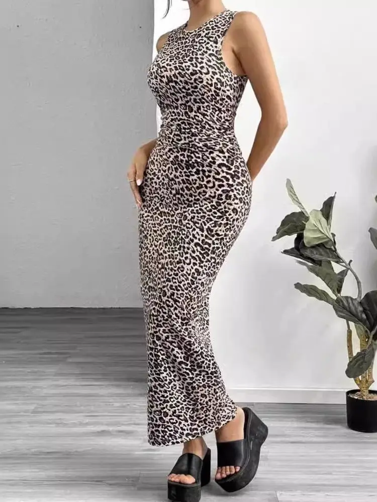 S-XL بلا أكمام ليوبارد طباعة فستان ساخن فستان الشمس Bodycon فساتين متوسطة الطول الجوارب Bodycon حزمة Vestido مثير الشارع الشهير رداء Faldas