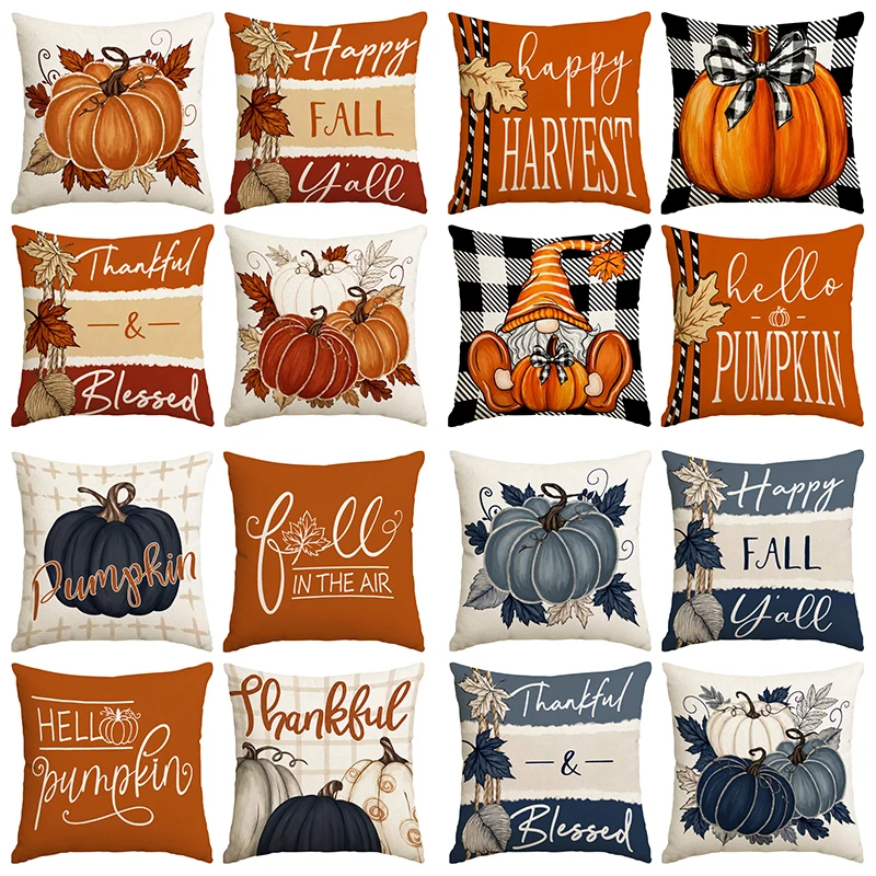 4pcs Autumn Retro Pumpkin Maple Leaf Dwarf Pattern Pillow Cover Thanksgiving Decoration Home Sofa Cushion Cover (No Pillow Core)