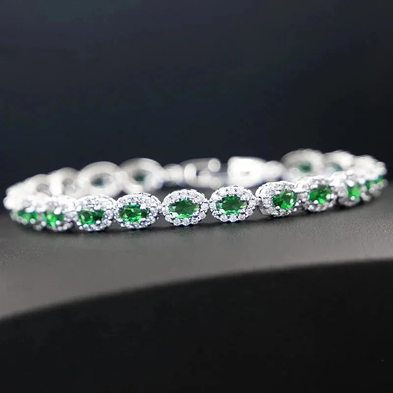 

YISON Luxury Oval Emerald Zircon 925 Silver Charm Bracelet for Women Jewelry Gemstone Accessories Wedding Engagement