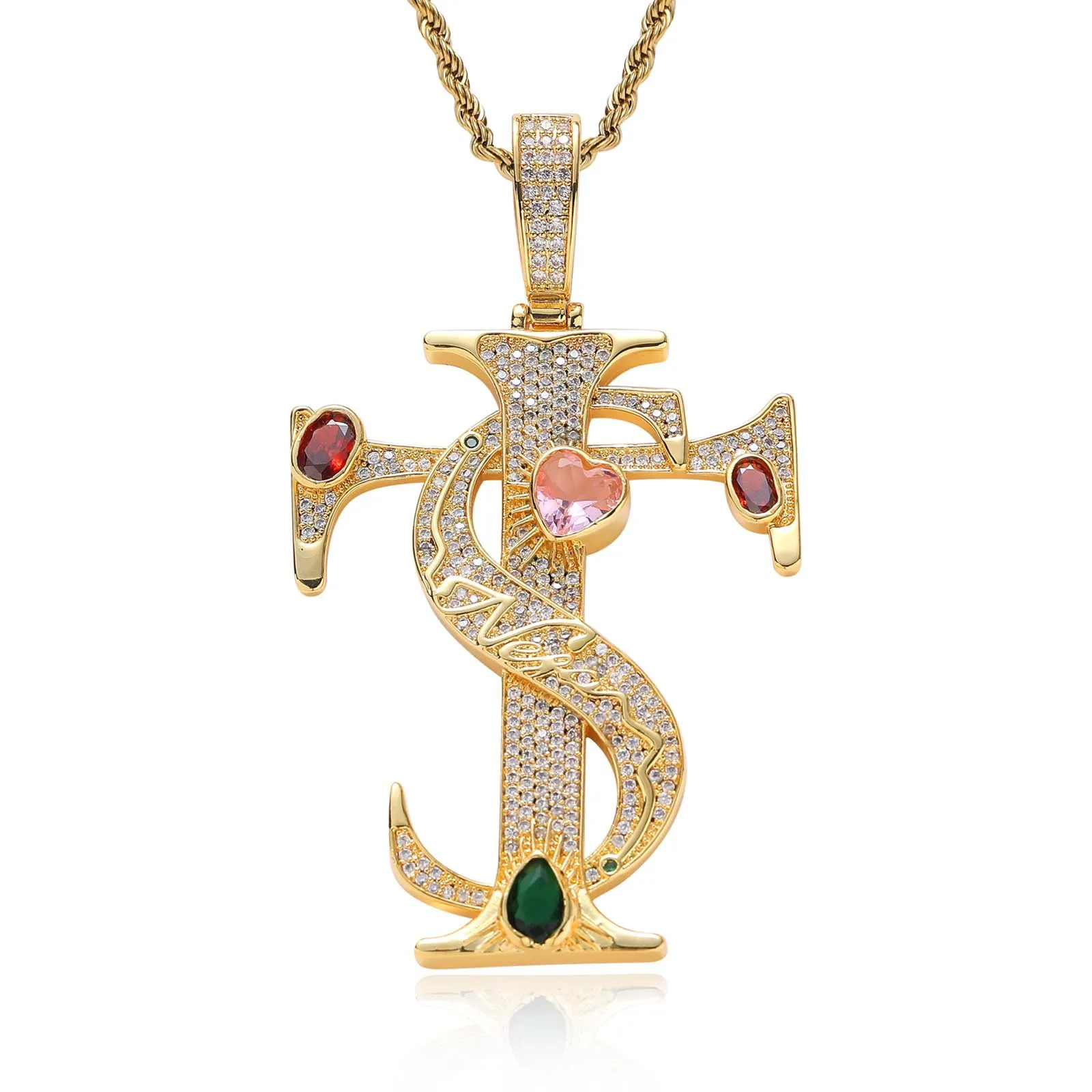 

Fashionable European Style Cross Pendant Necklace Men Trendy Versatile Micro Inlaid Color Zirconia Hip Hop Trendy Accessories