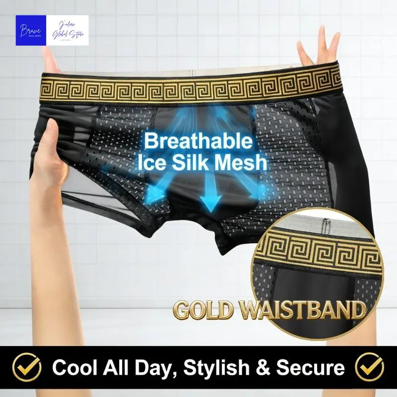 

Mens Ice Silk Mesh BoxerBriefs Gold Greek Waistband Breathable Underwear Quick-Dry Bulge Pouch Sports Trunks Plus Size Summer