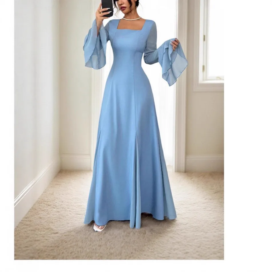 

Elegant Party Wedding Guest Dress Off Shoulder Long Sleeve Dresses Light Blue Maxi Dress Floor Length Evening Dress Formal