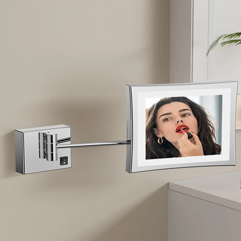 8-Zoll-Wand-Make-up-Spiegel mit quadratischem LED-Beleuchtung und 3-facher Vergrößerung und Ein-/Aus-Schalter für Schönheit und Rasur