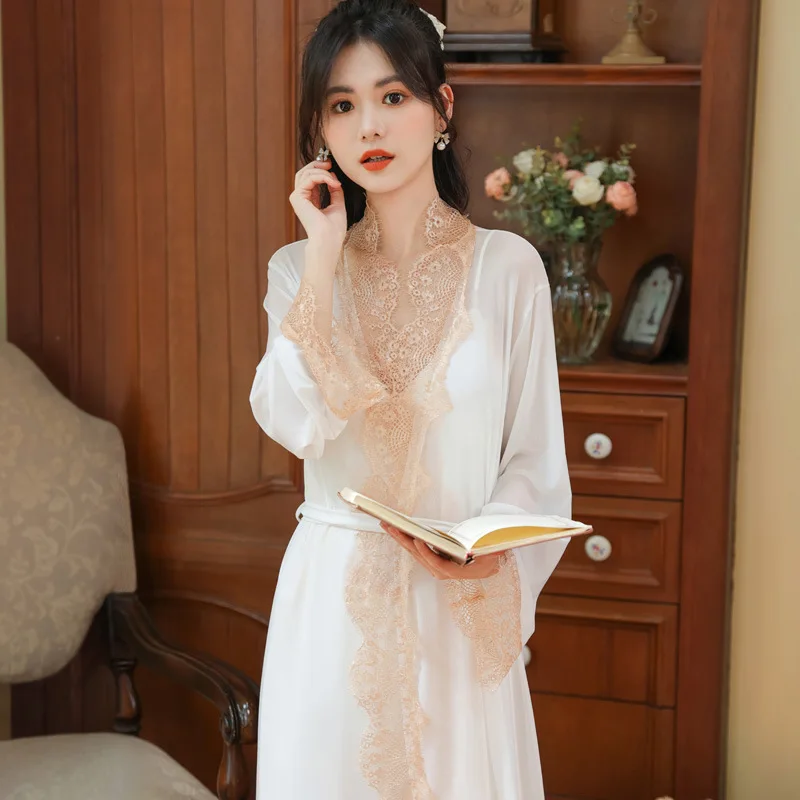 Long Sleeve Nightgown Women's Spring Chest Cushion Suspender Cotton Sleepwear Mesh Morning Gown Outerwear Home Suit Autumn