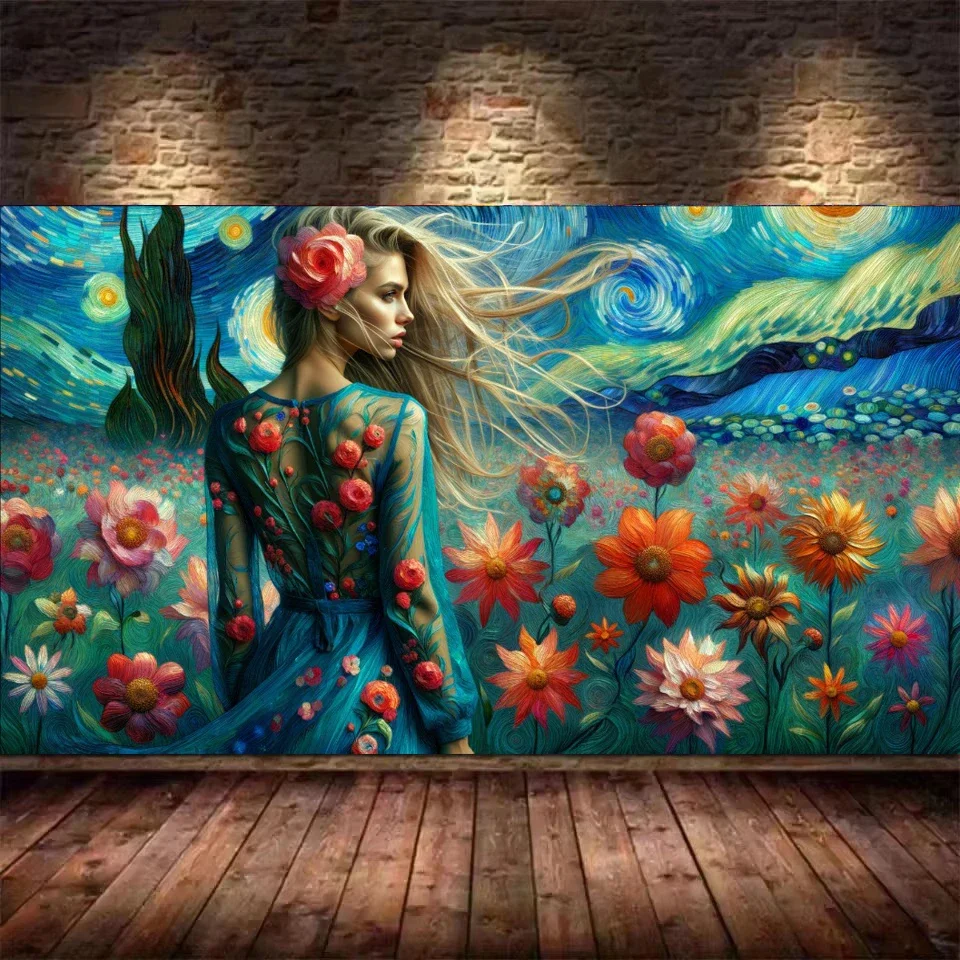 Van Gogh’s,Blonde Woman,Vibrant Flowers,5D Diy Diamond Painting Landscape Kits Diamond Mosaic Embroidery Cross Stitch Kits