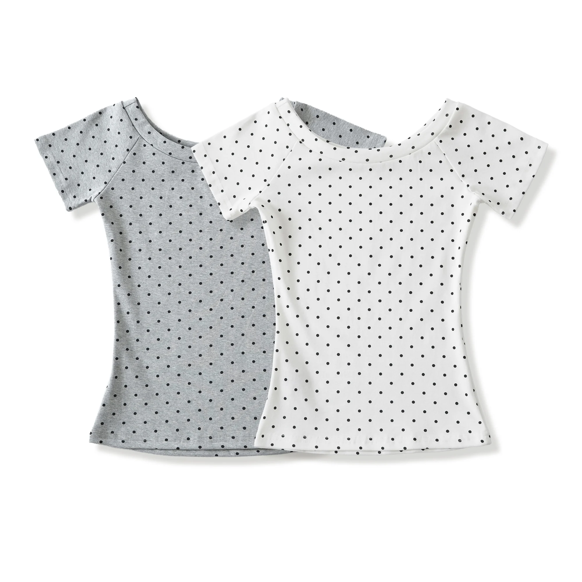 2026 Summer Women White Polka Dot Print Slash Collar Short Sleeve Tee Stretch Cotton Skinny Slim fit Base T-shirts Crop Top Gray