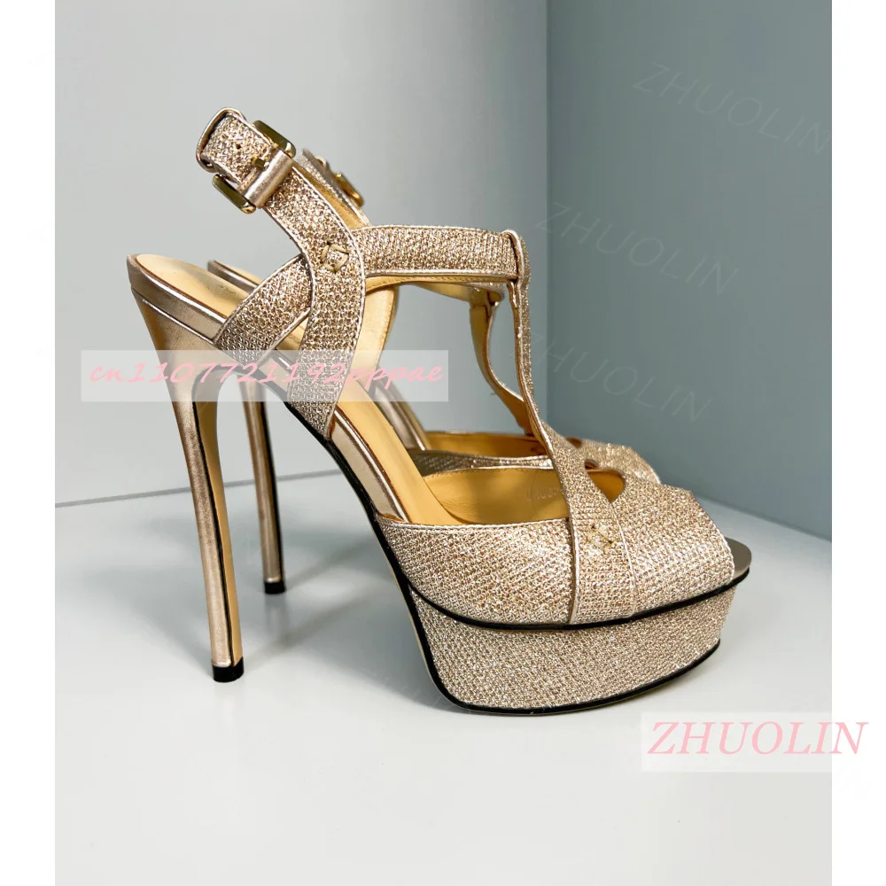 Women Peep Toe Platform Sandals Thin Stiletto Heel Gold Glitter T‑Strap Closure Ladies Wedding Party Evening High Heel Sandals