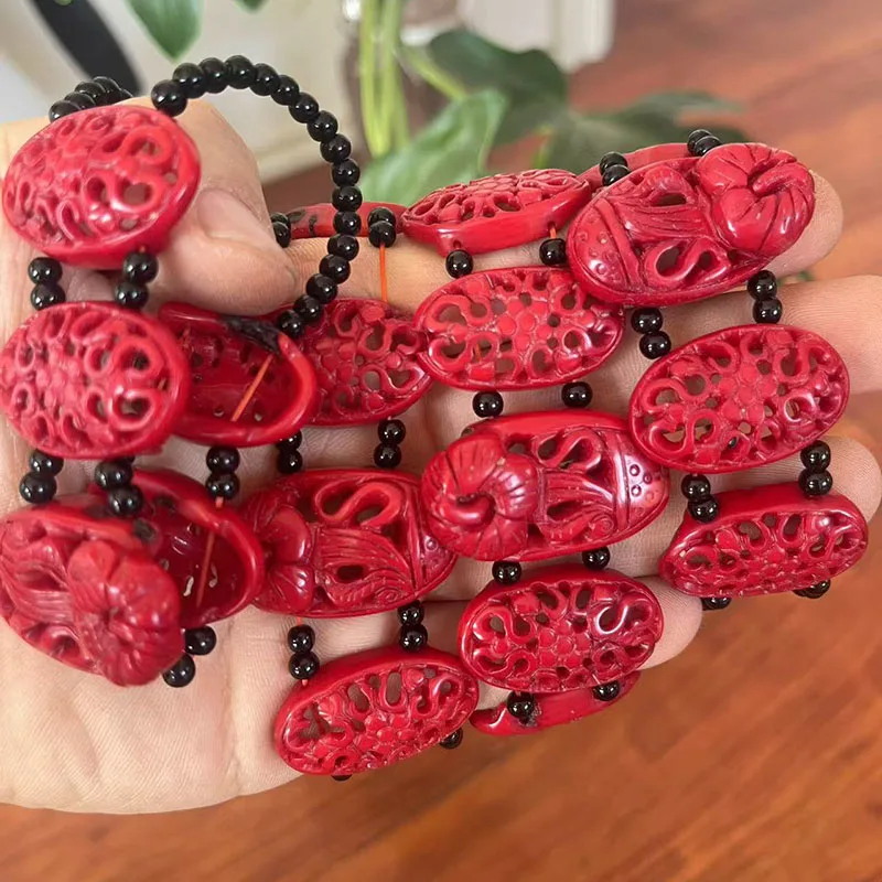 7 inches Stretch 20*30mm Red Flat Hollow out Flower Hand Carved Natural Coral Bracelet