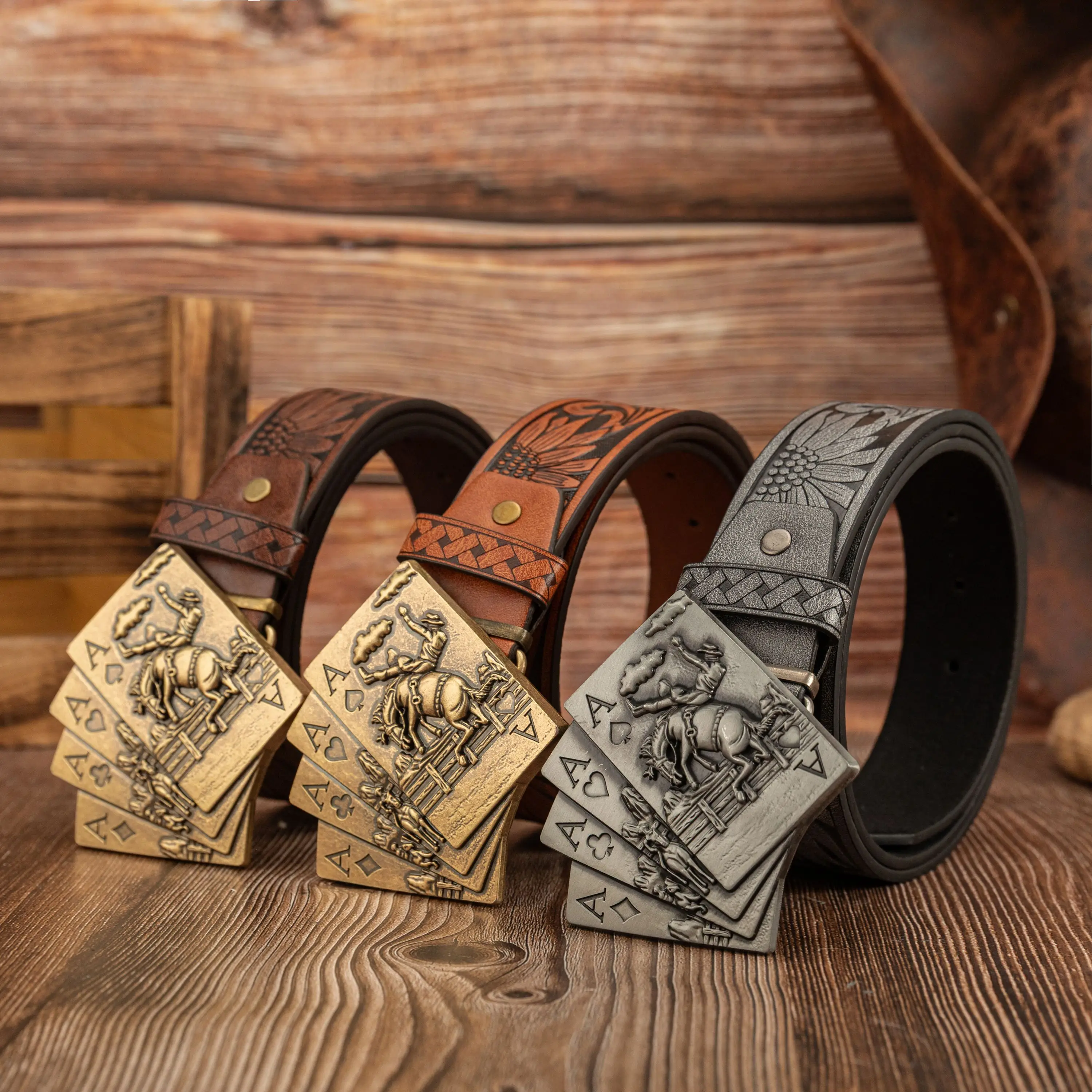 4A Poker Horseman Zinc Alloy Buckle PU Leather Embossed Belt Vintage Style Suitable for Parties Commuting Festival Gifts