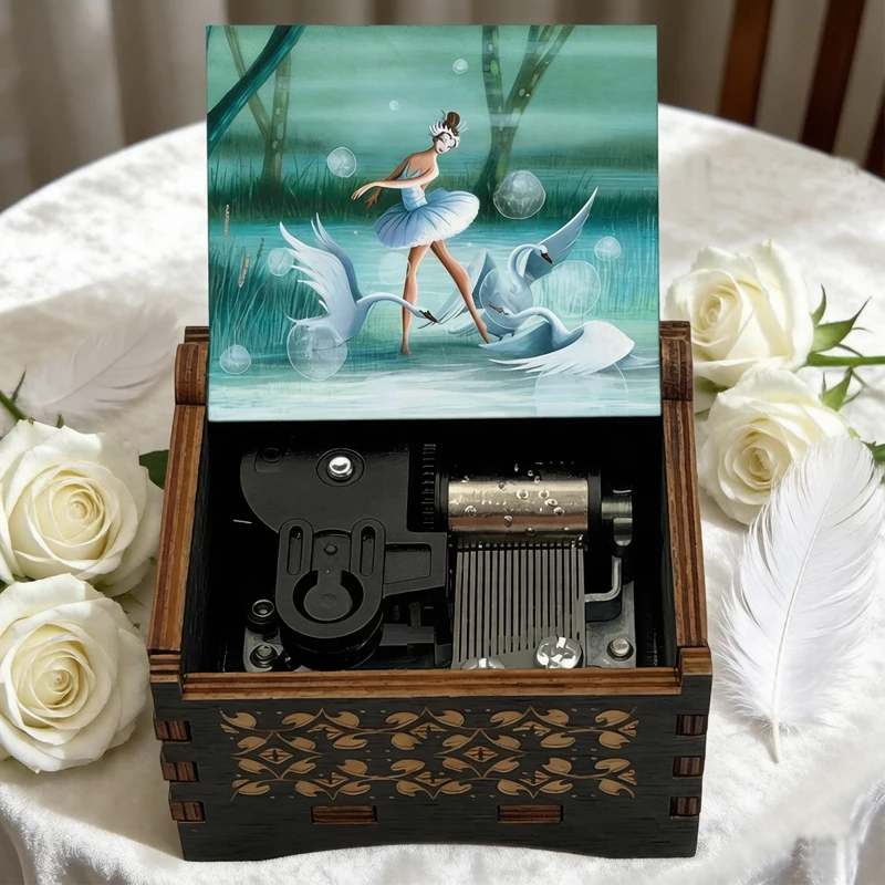 Swan Lake Wooden Music Box Romance Ballerina Dancing Luminous Musical Box for Wedding Valentine's Day Christmas Gift