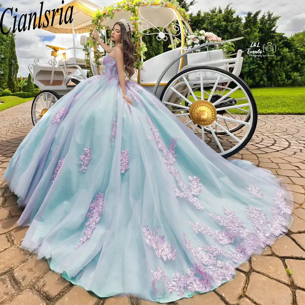 Vestido De baile sin mangas para quinceañera, traje azul claro con apliques rosas, corsé De encaje, 15 años