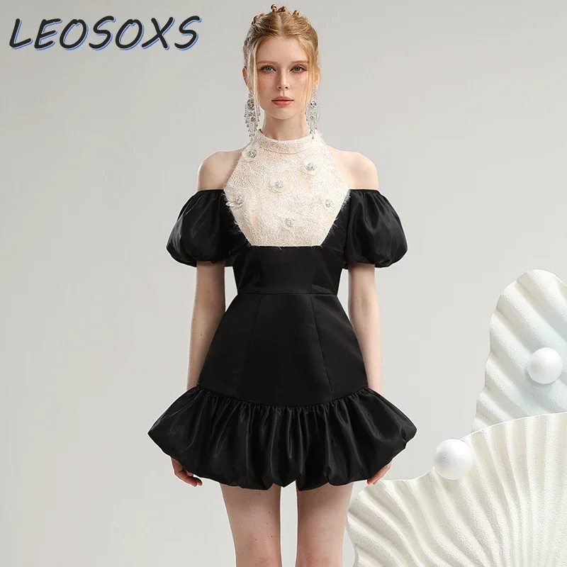 LEOSOXS French Celebrity Black Party Dress Summer New Heavy Industry Lace Neck Collar Off-the-Shoulder Bubble Short Sleeve Dress