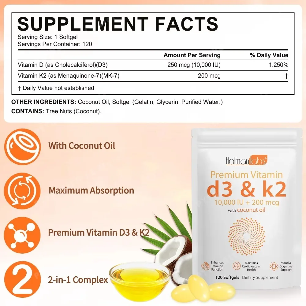 Vitamin D3 K2 Softgels - Joint & Teeth Support, Cardiovascular, Calcium Absorption, Coconut Oil 10000IU + MK7 200mcg, 120 Count