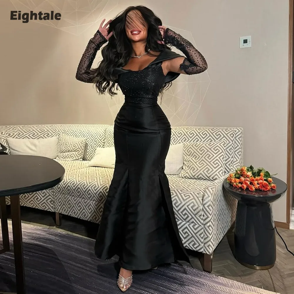 

Eightale Arabic Evening Dresses off the Shoulder Satin Sequin Long Sleeves Mermaid Black Customized Prom Party Gowns for Wedding