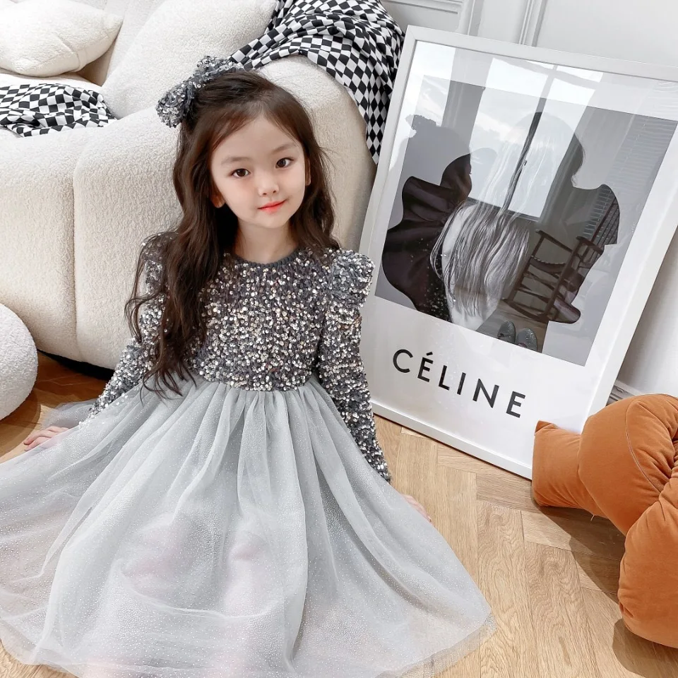 2024 New Sequins Girls Princess Dress for Kids Wedding Christmas Birthday Party Dress for Children Elegant Girl Dress for 3-8Yrs