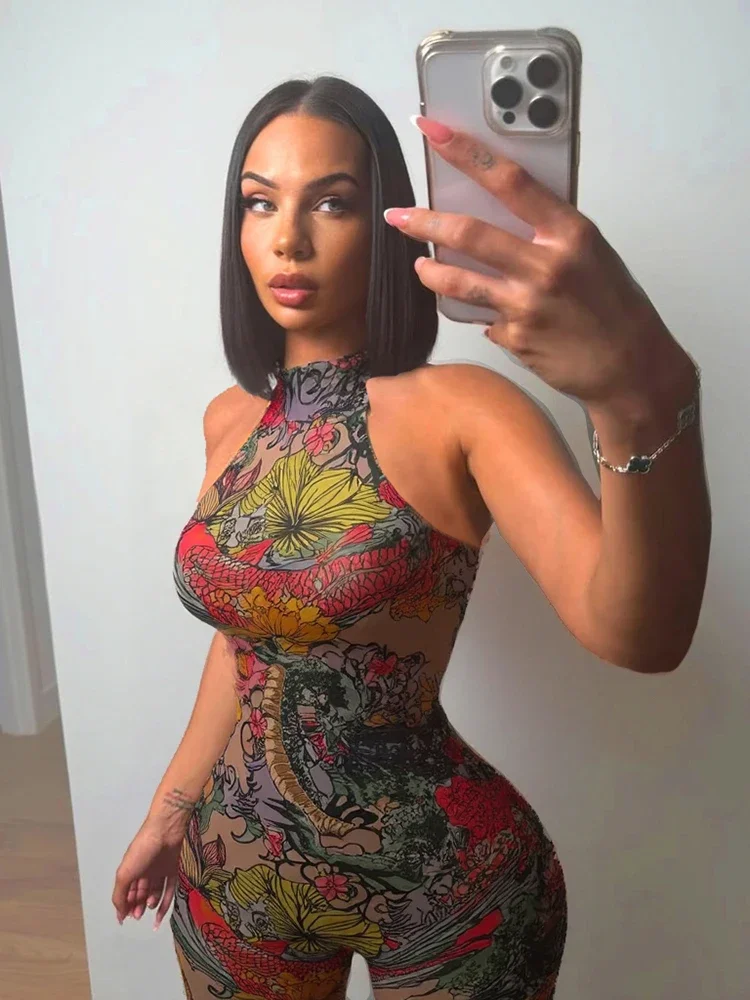 Tute corte da donna stampate attraenti senza schienale Moda estiva Halter senza maniche Maglia sottile Pagliaccetti sottili trasparenti Clubwear femminile