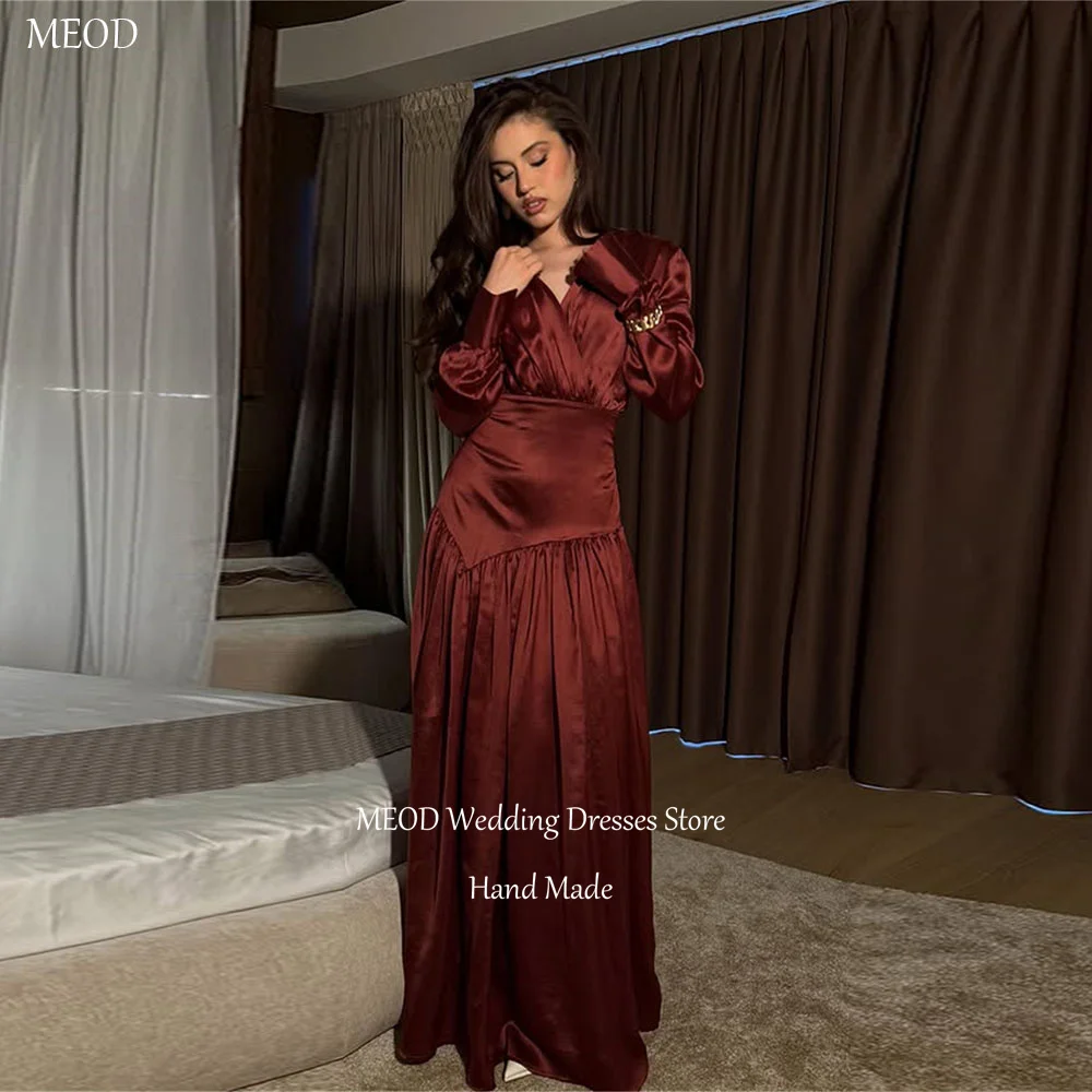 MEOD Satin Formal Vestidos Casamento Convidada V Neck Modest Abendkleider Hochzeit Long Sleeves Birthday Dress Customized