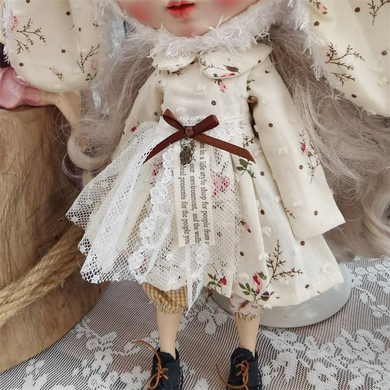 Vestido de falda de muñeca hecho a mano con orejas grandes, sombrero de conejo, vestido con estampado Floral para muñeca Blythes Ymy Licca Azones Ob24 Ob27 Fr