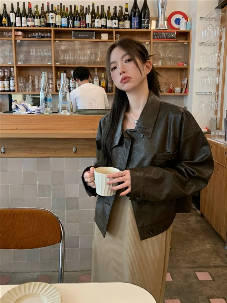 

Американская кожаная куртка в стиле ретро с длинными рукавами, женская повседневная свободная модная весенняя верхняя одежда высокого качества