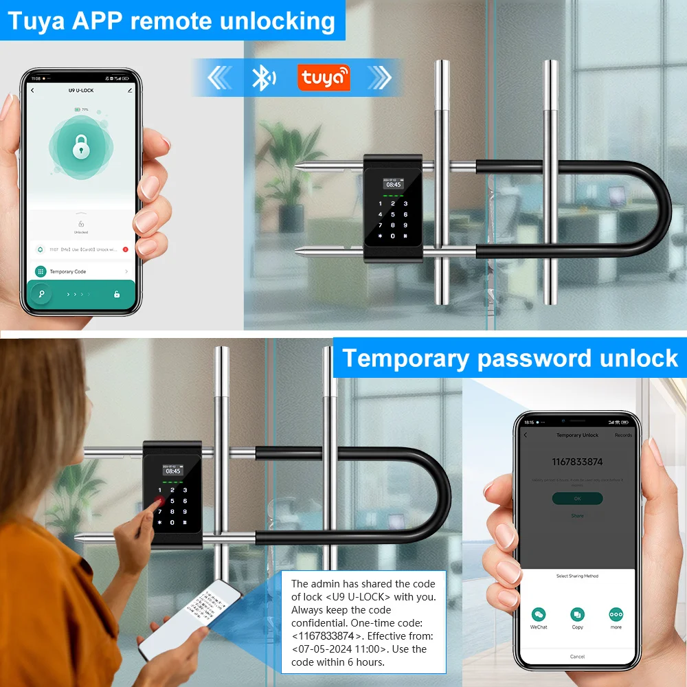 Waterproof Bluetooth Tuya APP U-shape Fingerprint Door Lock RFID Card Smart Digit Padlock Electronic Password Locks Bike U-Lock