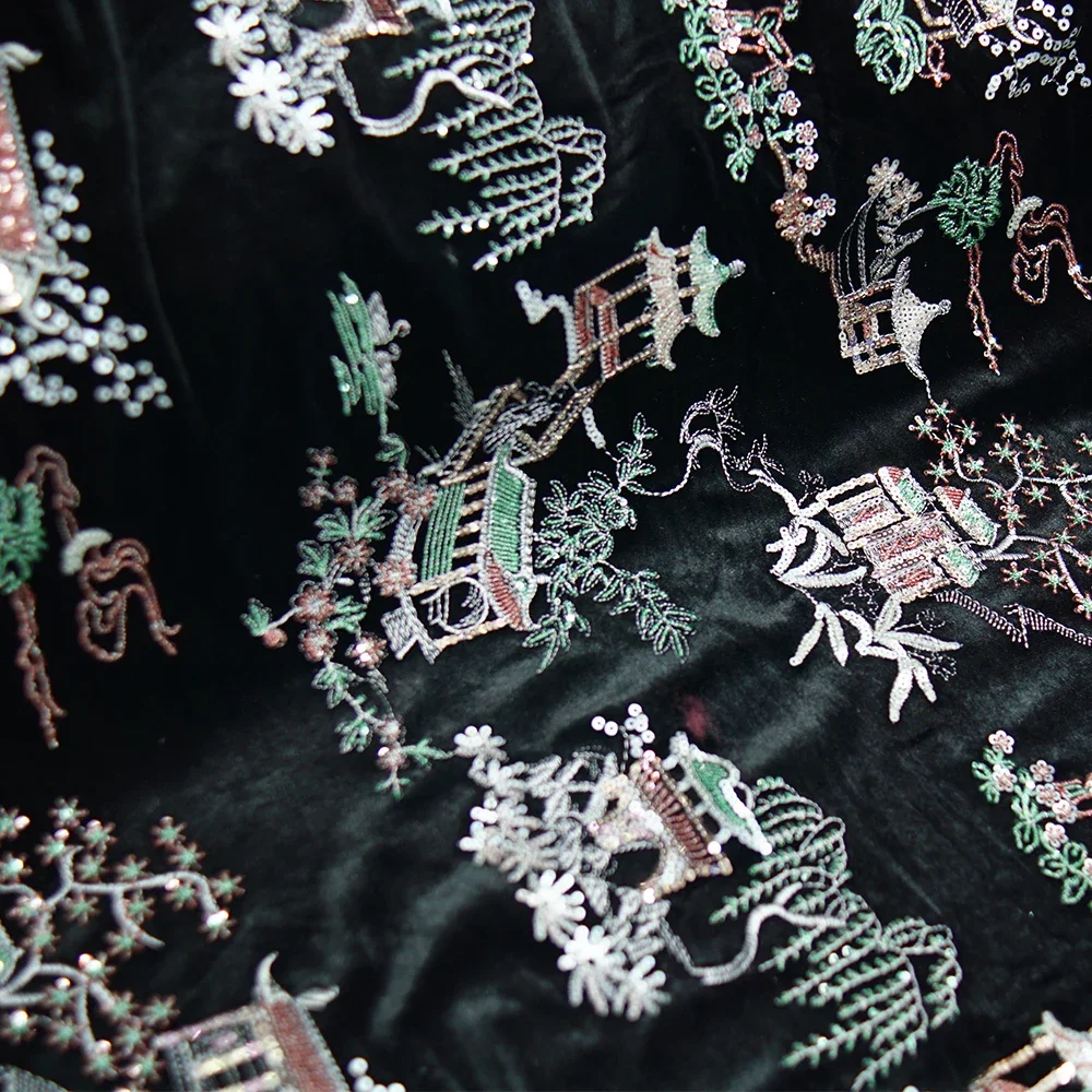 

Черная сетчатая ткань с цветочной лозой и блестками для торжественного платья Cheongsam от кутюр, элегантный красочный кружевной материал