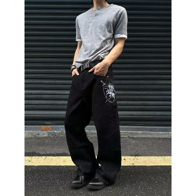Men's Printed Pattern Black Jeans Casual Punk Pants Wide Legs Sweatpants Boy Street Bottom Male High Waist Unisex Baggy Trousers