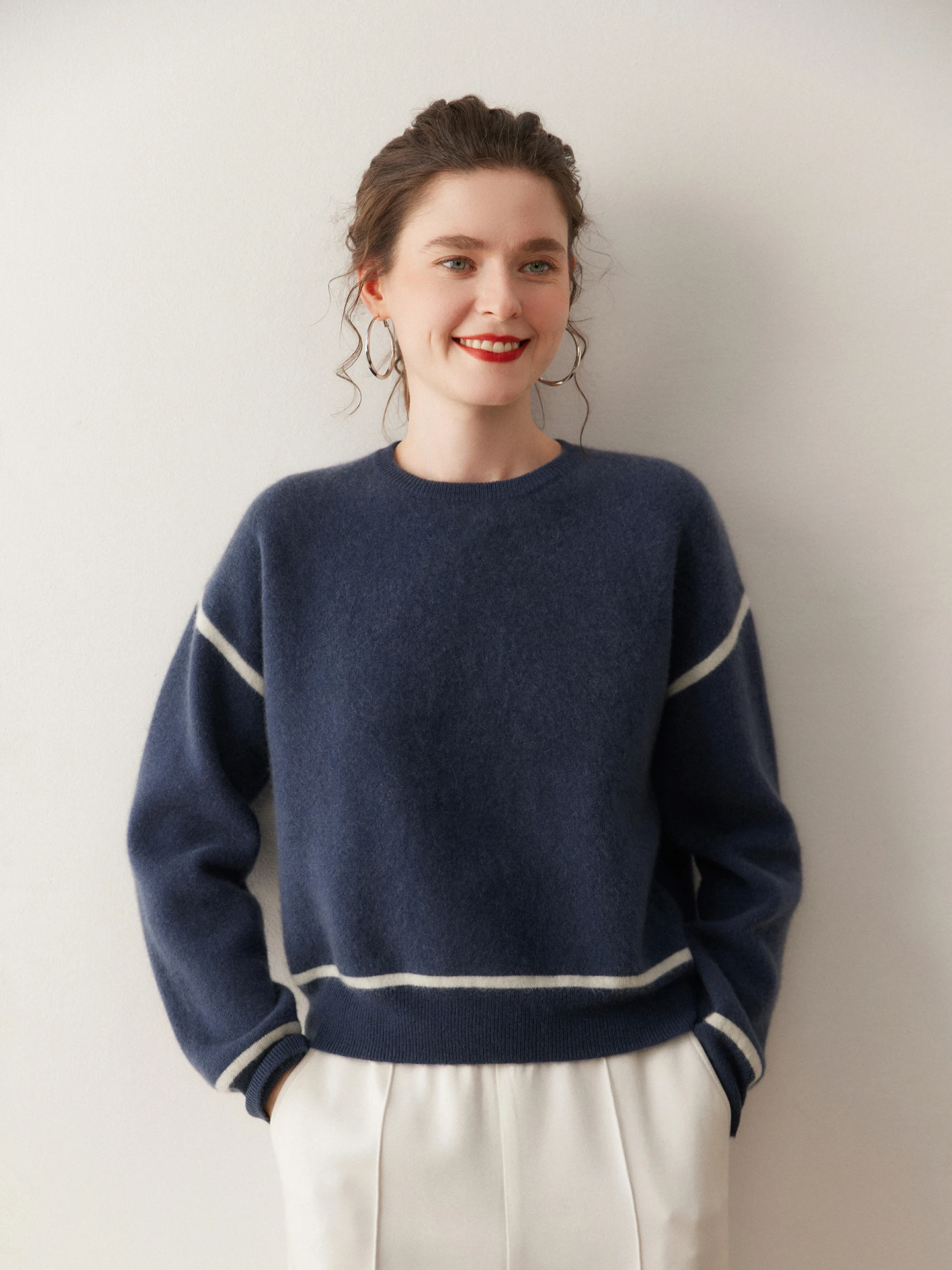 TLOML Women's 100% Cashmere Sweater Color Blocking O-neck Air layer Pullover Short Style Cashmere Autumn Winter Thick Loose Tops