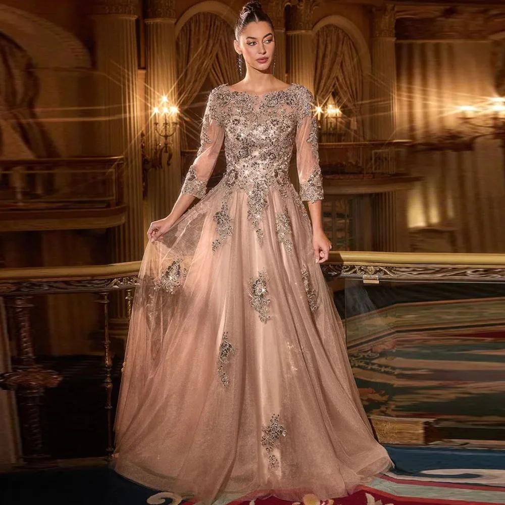 Exquisite Mother of The Bride Dresses Sparkle Boat Neck Full Sleeves Beading Sequined Tulle Wedding Guest Evening Party Gowns