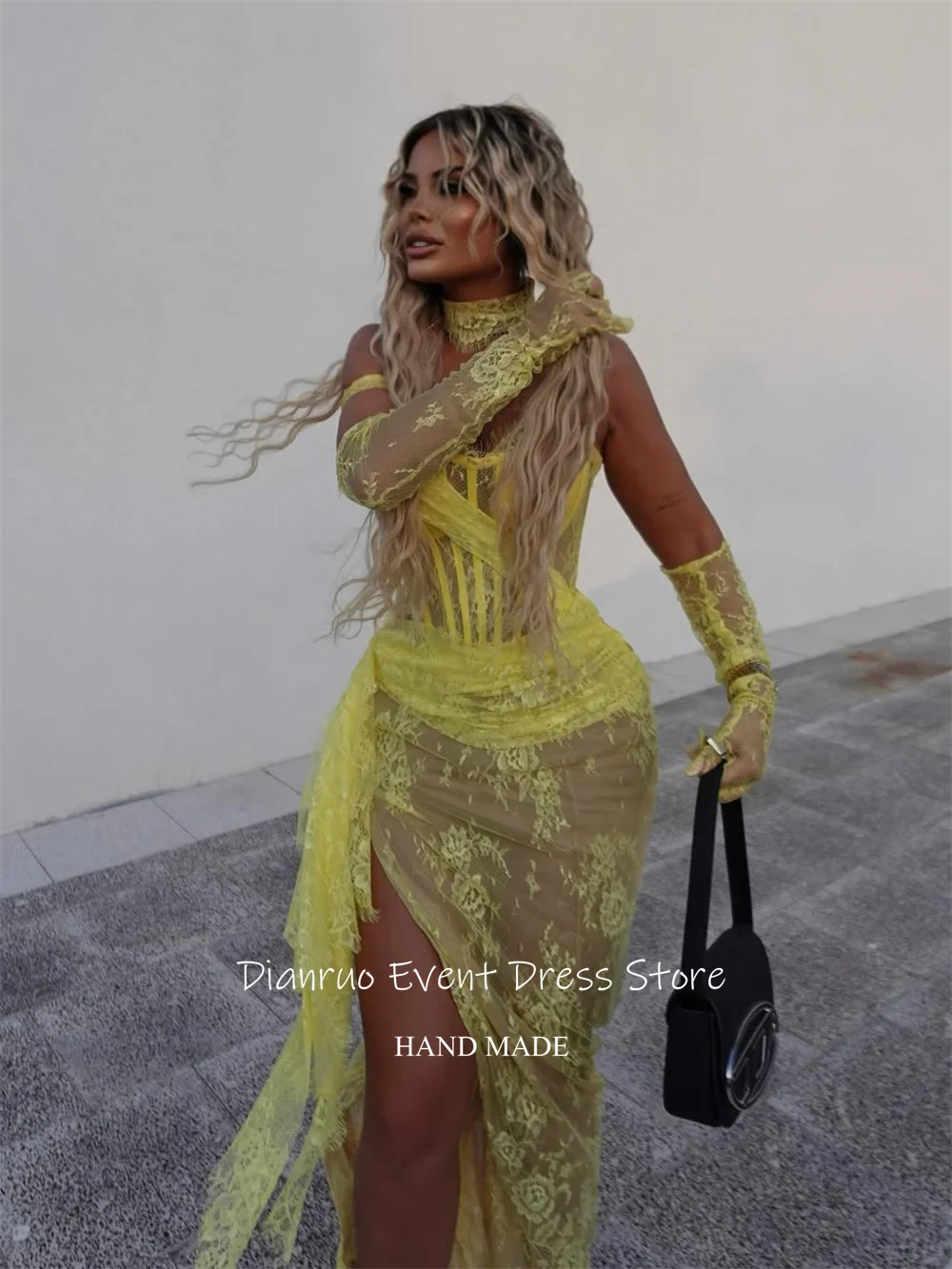Dianruo Яркие желтые вечерние платья с высоким разрезом Асимметричные аппликации Vestidos De Fiesta Гламурные кружевные платья для выпускного вечера по индивидуальному заказу