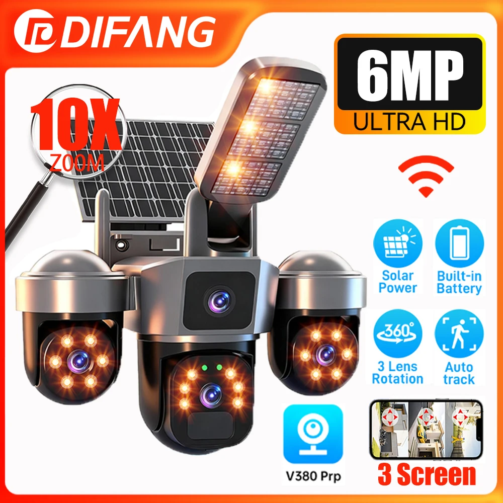 6MP WIFI Solar Camera 3 Lens 3 Screen 10X Optical Zoom Outdoor PTZ PIR Human Detection Security Cameras Auto Tracking CCTV V380