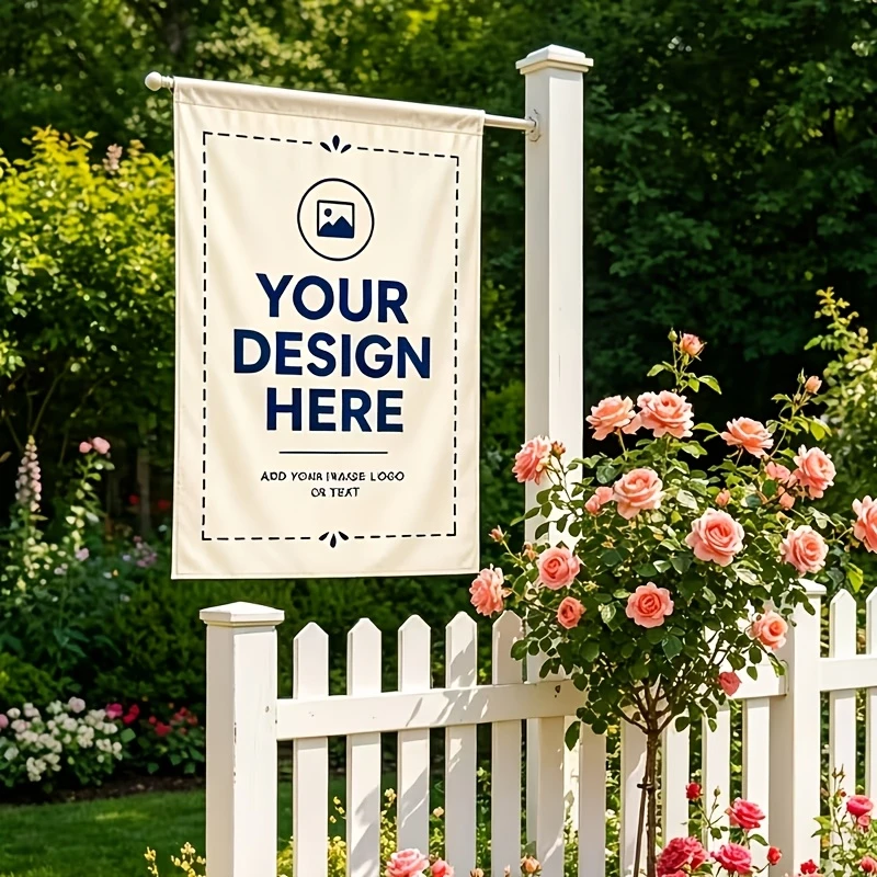 Custom garden flags with personalized designs. Made of polyester, they are the perfect choice for decorating your yard.