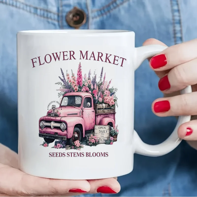 Vintage Pink Truck Flower Market Colorful Print Ceramic Coffee Mug 11oz 350ml Personalized Custom Mug Cute Aesthetic Mug Microwa