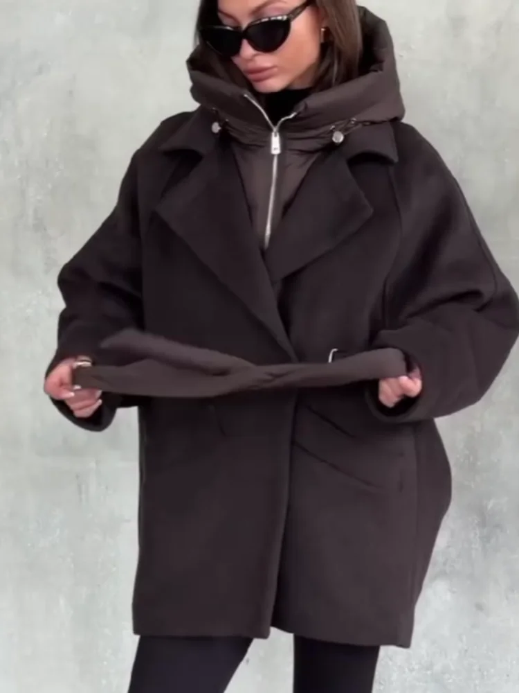 

Women Casual Cotton Patchwork Woolen Coat Full Sleeve V-neck Lace Up Hooded Loose Overcoat 2026 Lady Chic Daily Commute Wear New