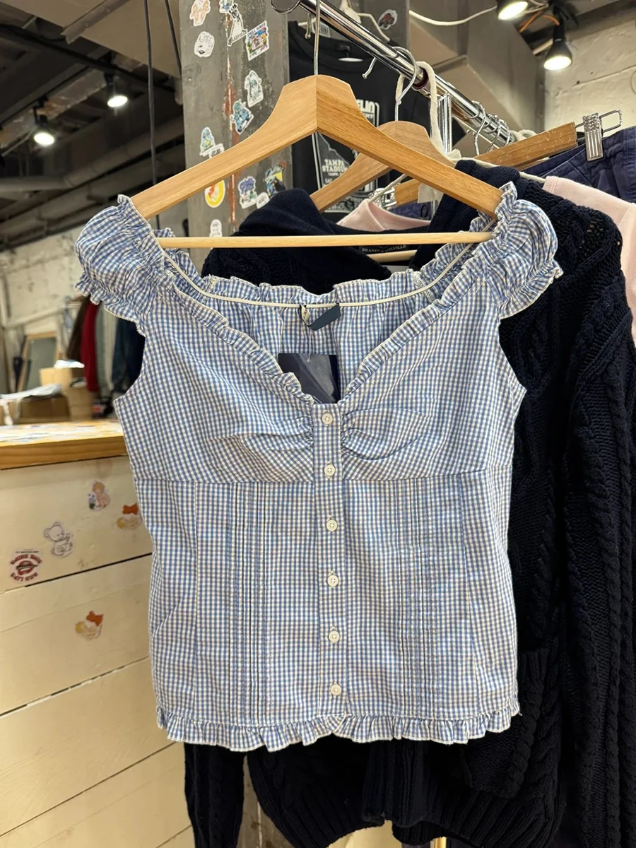 Blue Plaid Buttons T-shirt Shorts Set Woman Ruffles Puff Sleeve Slim Tees+Straight Sweatshorts Cotton Home Pajama 2 Piece Sets