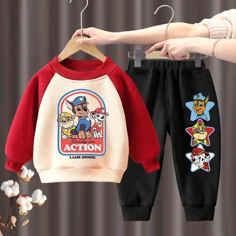 Fashionable 2024 Cartoon Woof Team Children Clothing Long Sleeve Set for Kids with Splicing Hoodie and Pants