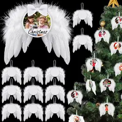 12set White Angel Wings Christmas Tree Decor Hanging Ornament Wedding Party Feather Wing with Blank Thermal Sublimation Plate