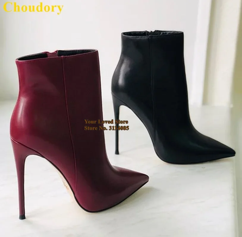 Women Nude Black Burgundy Stiletto Heels Ankle Boots Top Quality Matte Leather Pointy Toe Dress Shoe Gladiator Motorcyle Boo