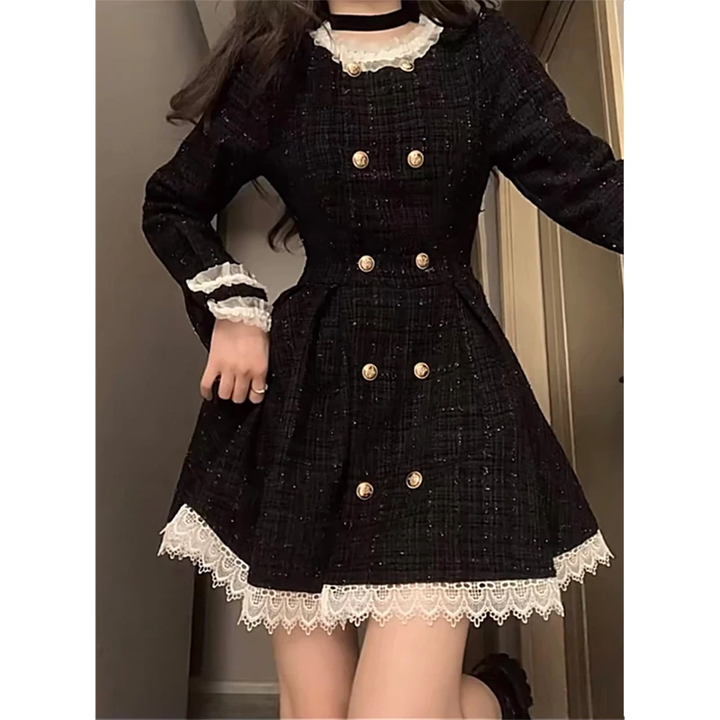 

Spring Autumn Dresses Women Hepburn Style Black Sweet Cool Little Fragrant Court Vintage Ruffle Rib Duffel Princess Dress Female