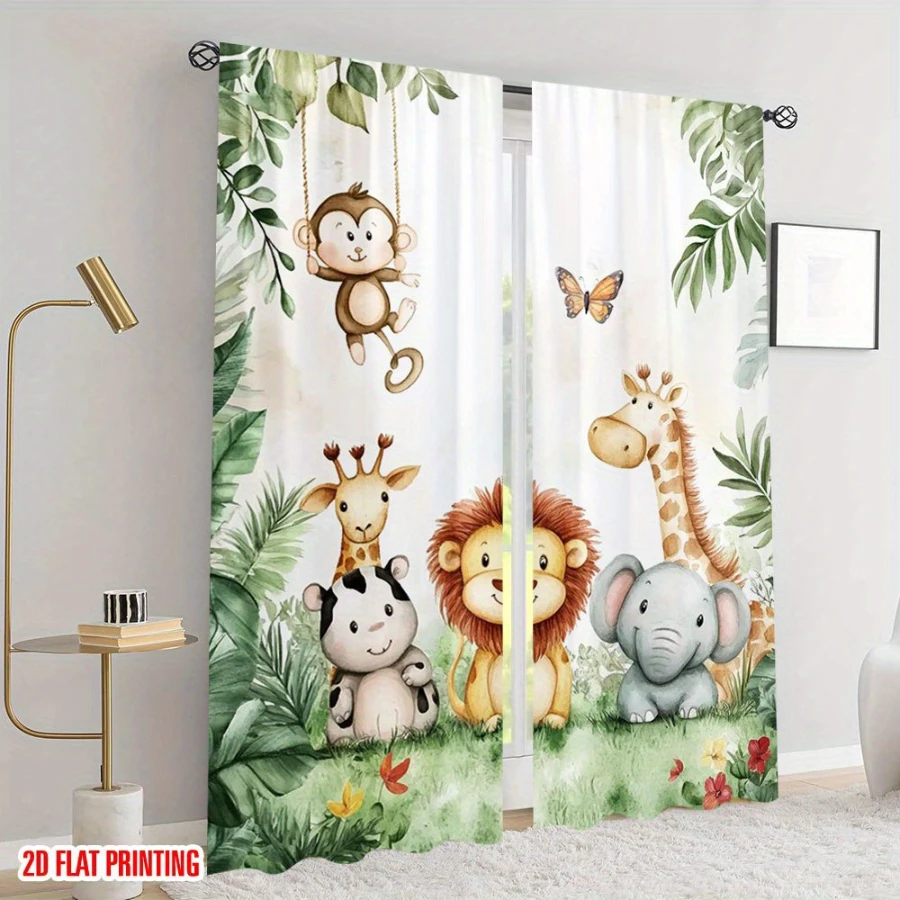 2PCS Digital Printed Curtains with Animal Paradise Design, Stylish Window Drapes for Living Room Bedroom Home Decoration