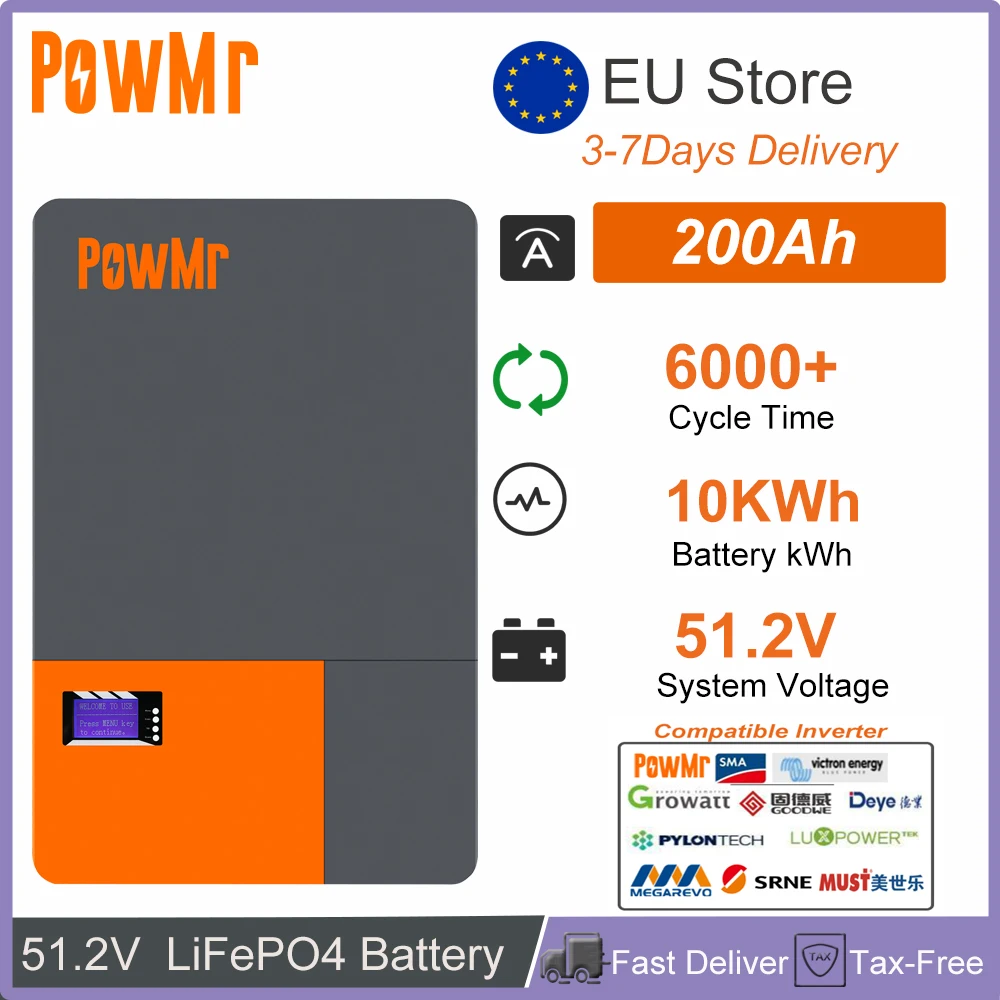 51.2V 200Ah Powerwall LiFePo4 Battery 10kWH With Charge Current 150A ≥6000 Cycles With RS485 CAN BMS 16S EU Stock No Tax Deliver