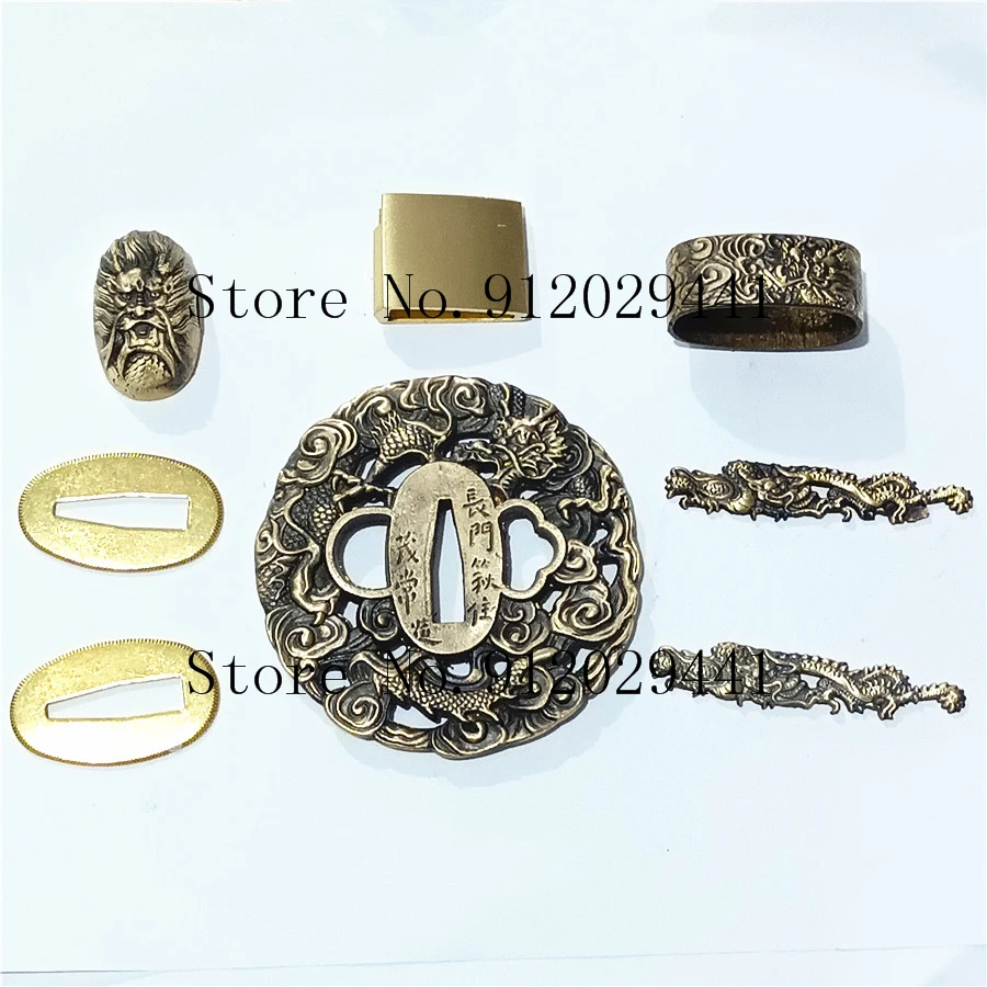 A Set Brass Dragon Theme Japanese Katana Wakizashi Tanto Sword Handle Fittings Tsuba+Menuki+Fuchi+Kashira+Habaki+Seppa