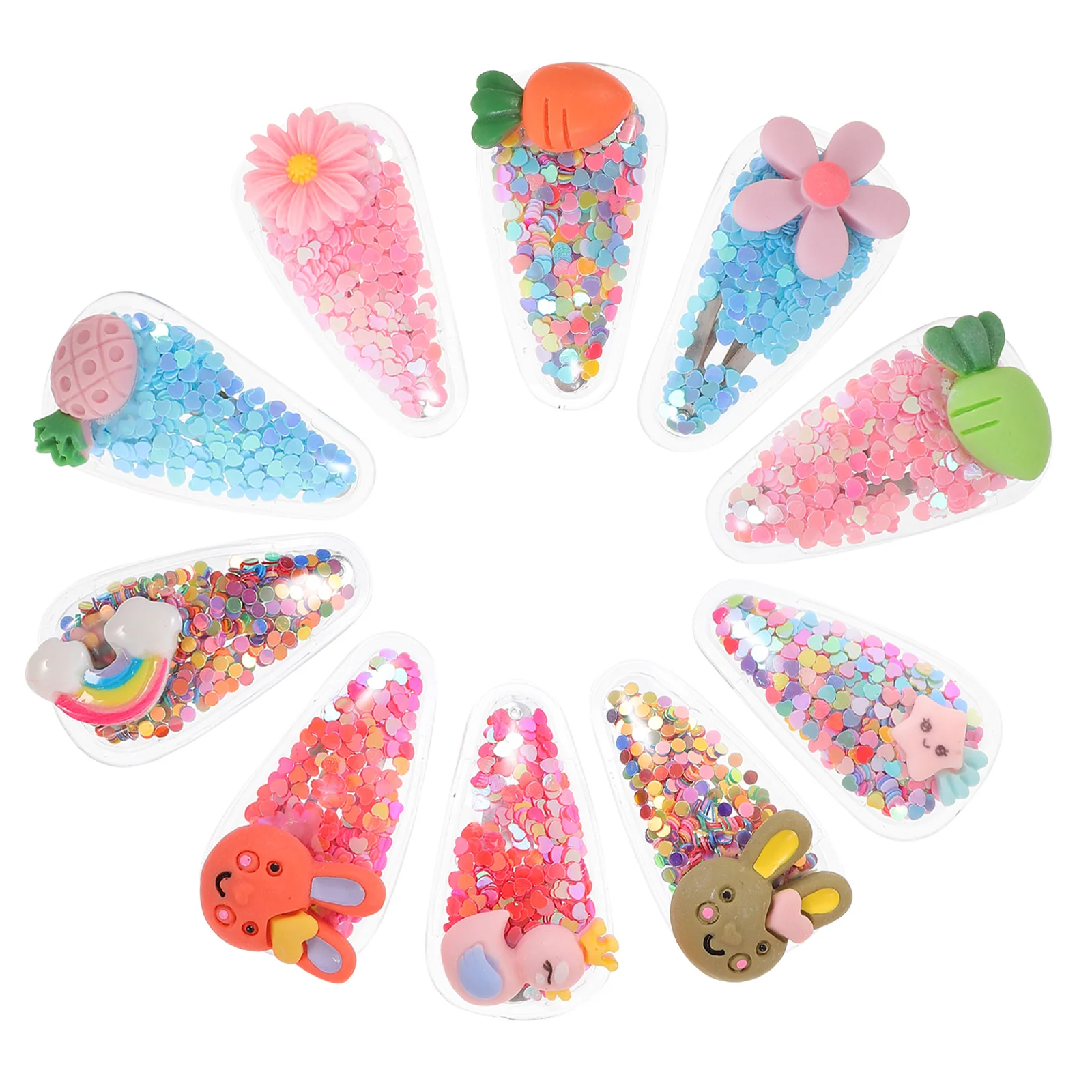 

10Pcs Glitter Quicksand Hair Clips for Girls Cute Character Hairpins Snap Barrettes Kids Fashion Hair Accessories 4-6